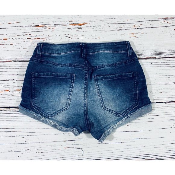 Mudd FLX Stretch Womens Jean Shorts Sz 3 Denim Booty Raw Rolled Hem Blue Shorty - Picture 2 of 9